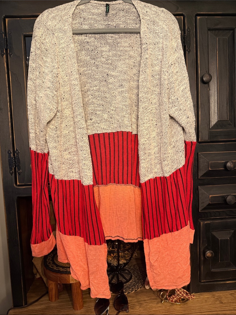 Open-Front Colorblock Cardigan Sweater in Cream, Red & Orange